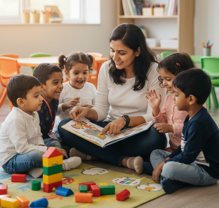 Qualified teacher engaging with children
