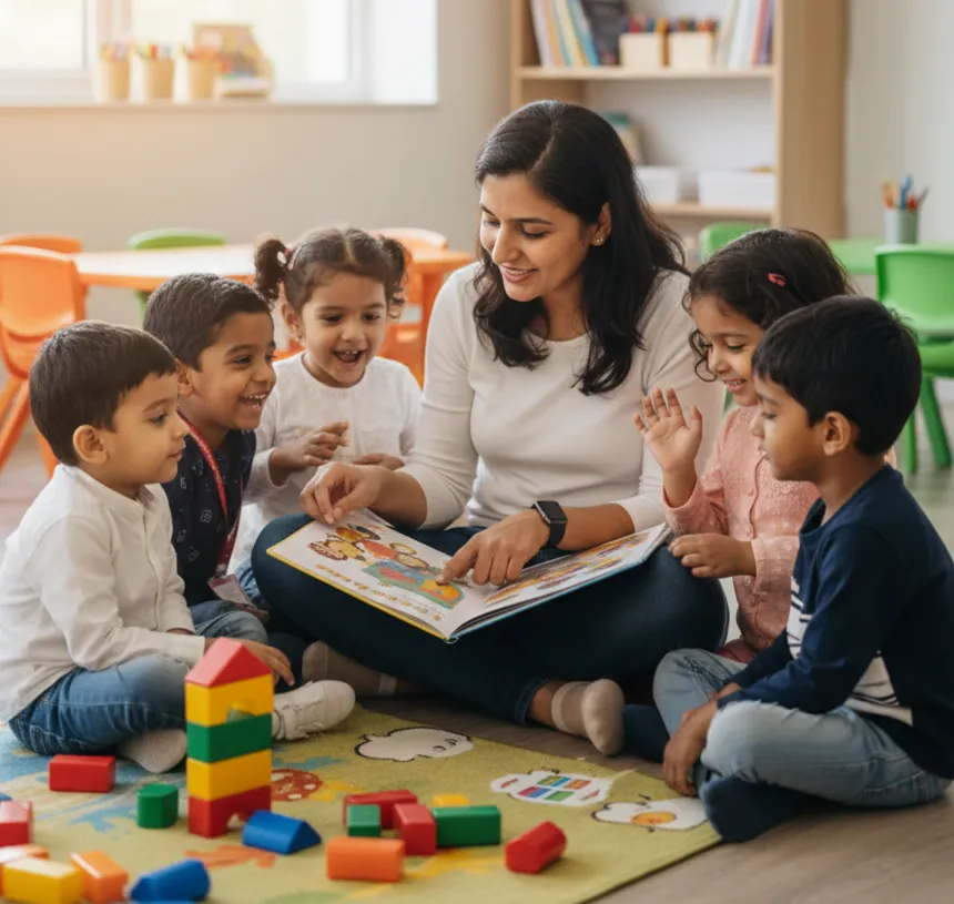 Qualified teacher engaging with children